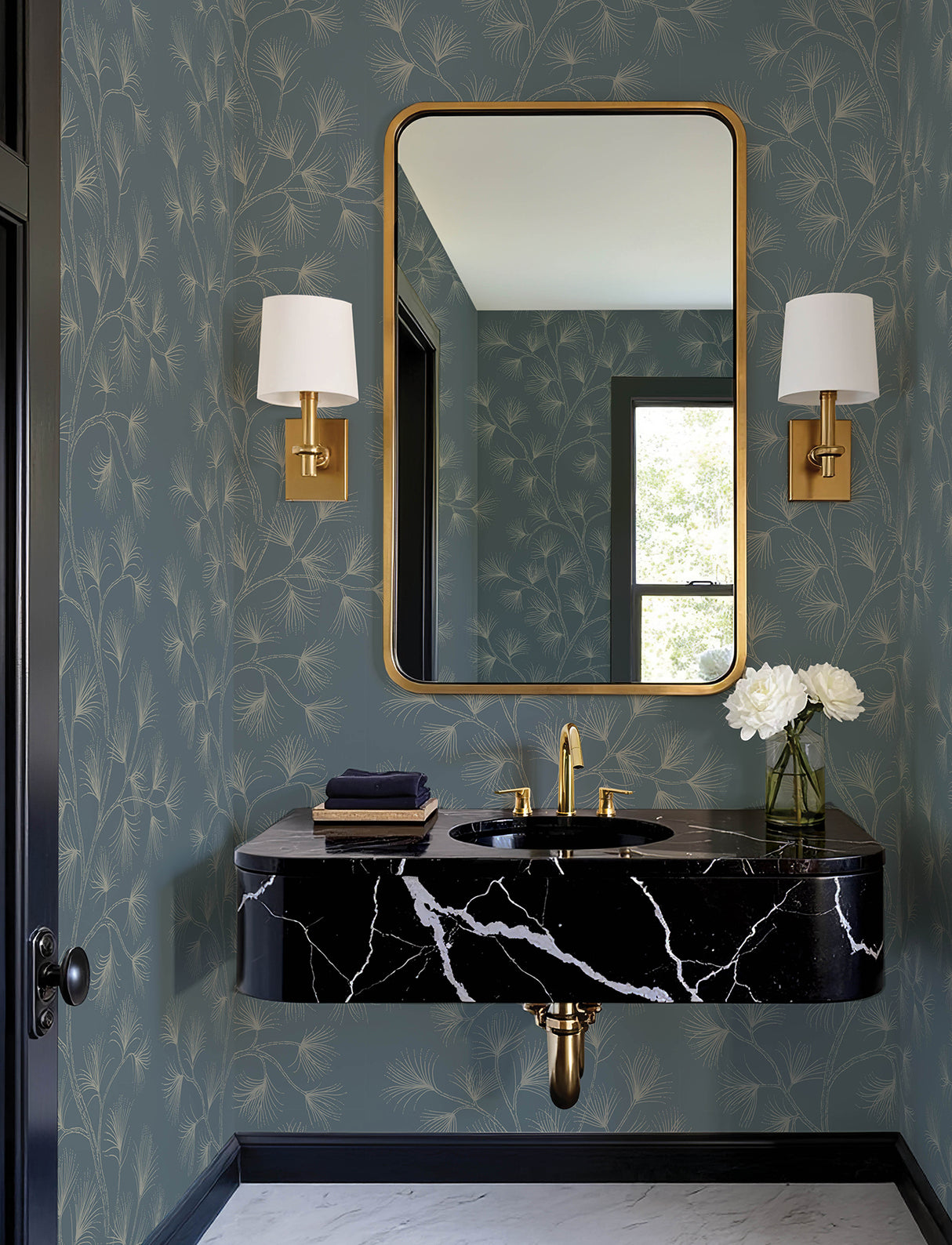 Kismine Slate Blue and Taupe Botanical Trail Wallpaper by A-Street Prints Modern Non Woven Unpasted Sidewall Moderne Deco Collection - 4198-83479
