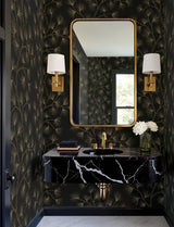 Kismine Black and Metallic Gold Botanical Trailing Leaf Non Woven Unpasted Wallpaper by A-Street Prints Moderne Deco Collection - 4198-83481