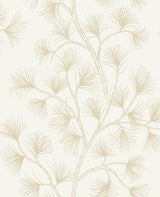 Kismine Gold Botanical Trail Wallpaper by A-Street Prints - willowy branches with delicate metallic gold fan-like leaves on a crisp off-white background
