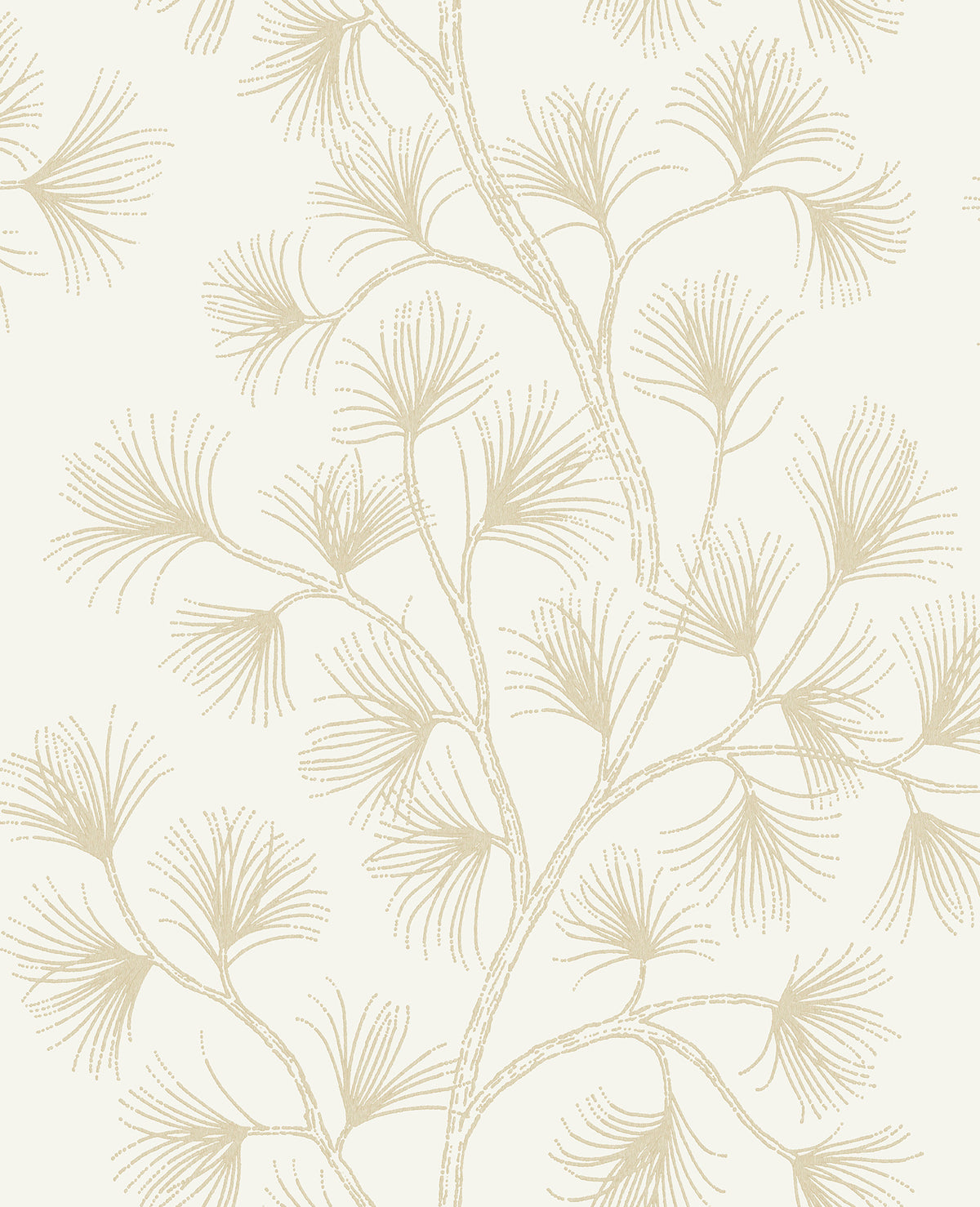 Kismine Gold Botanical Trail Wallpaper by A-Street Prints - willowy branches with delicate metallic gold fan-like leaves on a crisp off-white background