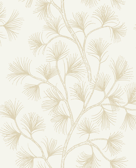 Kismine Gold Botanical Trail Wallpaper by A-Street Prints - willowy branches with delicate metallic gold fan-like leaves on a crisp off-white background