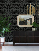 Allenby Black Flocked Wallpaper by A-Street Prints Glamorous Art Deco Diamond Geometric Non Woven Moderne Deco Collection - 4198-87401