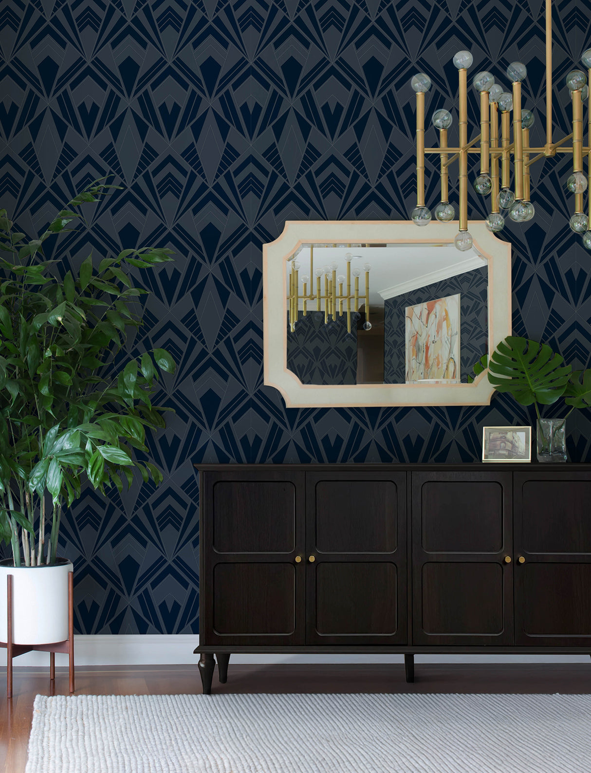 Allenby Indigo Glam Flocked Art Deco Diamond Geometric Non Woven Unpasted Wallpaper by A-Street Prints - 4198-87402