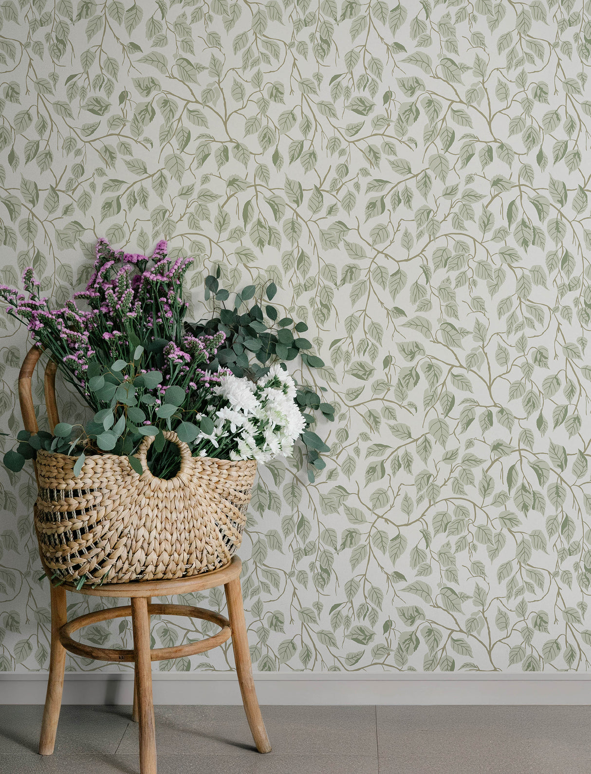 Hängbjörk Sage Vine Botanical Wallpaper in Sage Green by A-Street Prints Scandinavian Woodland Leaf Design Unpasted Non Woven - 4201-20107