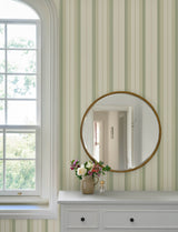 Herrgård Green Stripe Wallpaper Non Woven Unpasted Traditional Pinstripe in Sage Green, Brown and Cream by A-Street Prints - 4201-20117