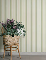 Herrgård Green Stripe Wallpaper Non Woven Unpasted Traditional Pinstripe in Sage Green, Brown and Cream by A-Street Prints - 4201-20117