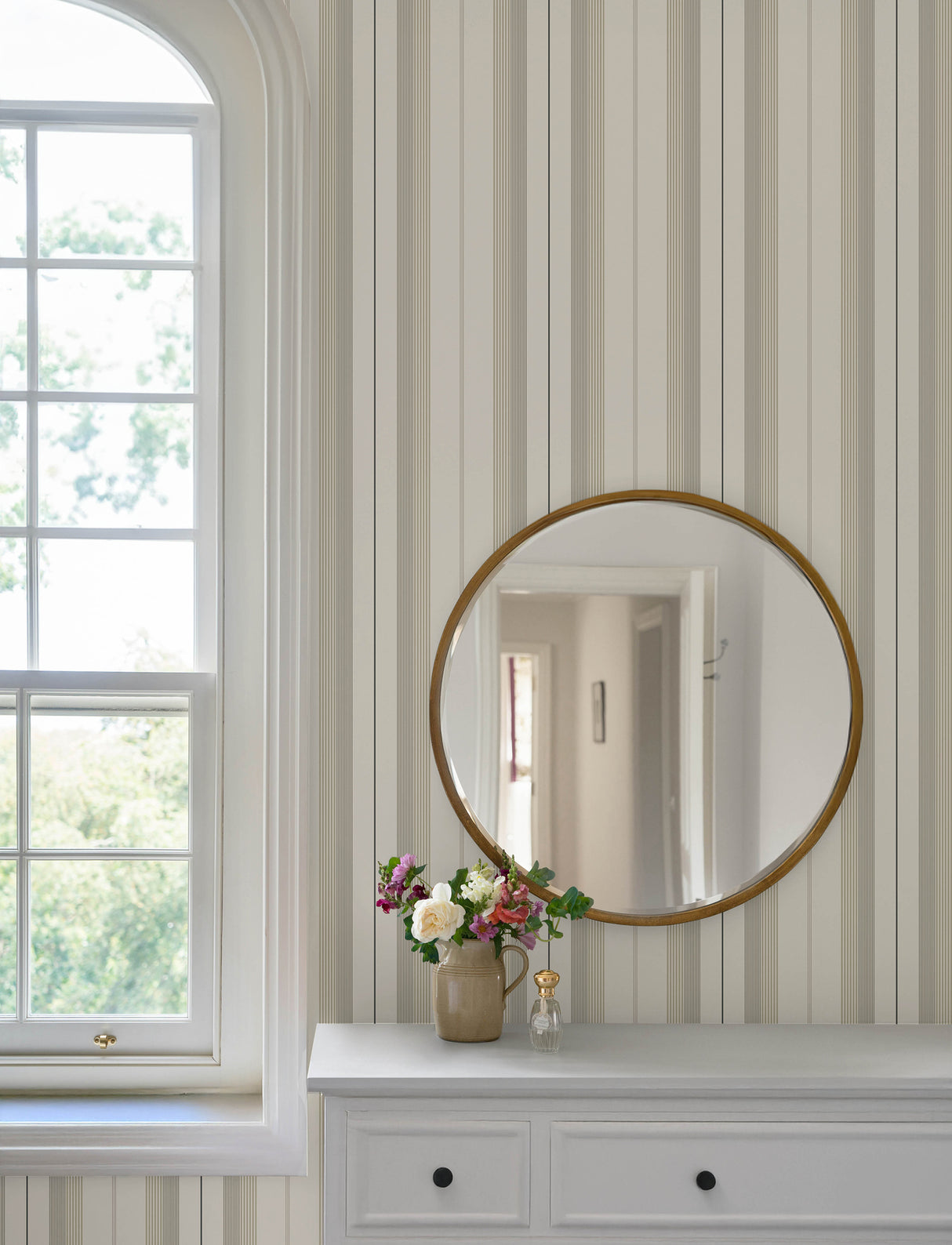 Herrgård Neutral Stripe Wallpaper in Taupe Grey and Cream Traditional Non Woven Pinstripe Unpasted Wallpaper by A-Street Prints - 4201-20118