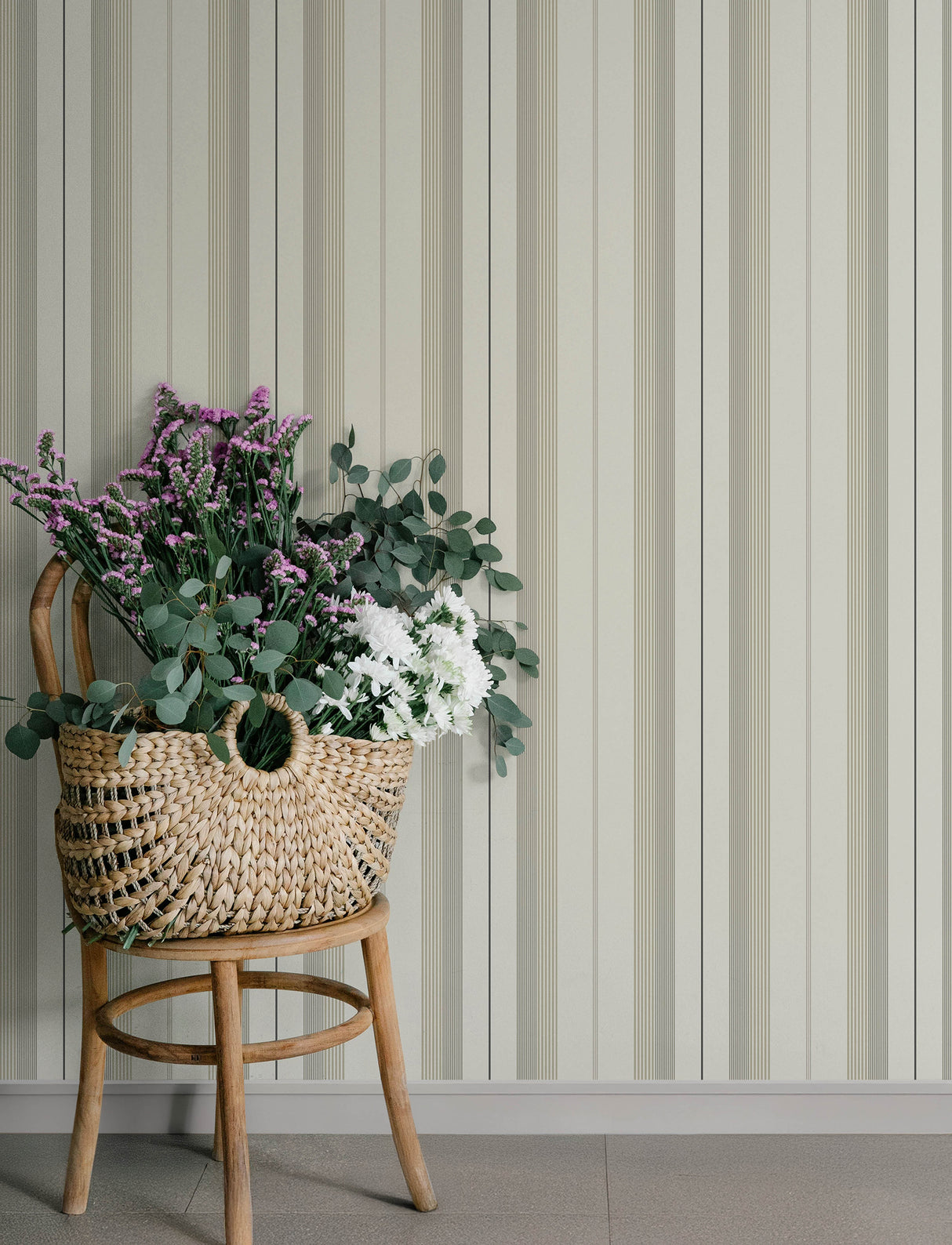 Herrgård Neutral Stripe Wallpaper in Taupe Grey and Cream Traditional Non Woven Pinstripe Unpasted Wallpaper by A-Street Prints - 4201-20118