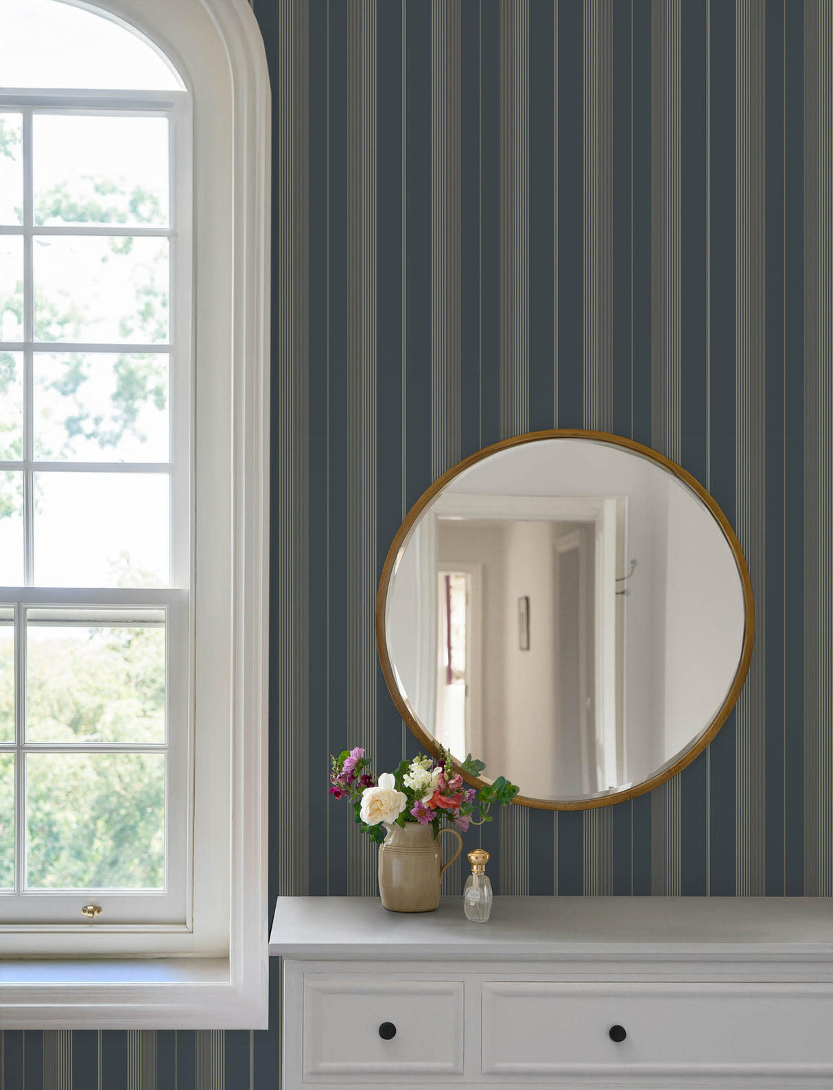 Herrgård Navy Stripe Wallpaper by A-Street Prints Traditional Pinstripe Non Woven Unpasted Strippable Wallpaper Savanna Collection - 4201-20120