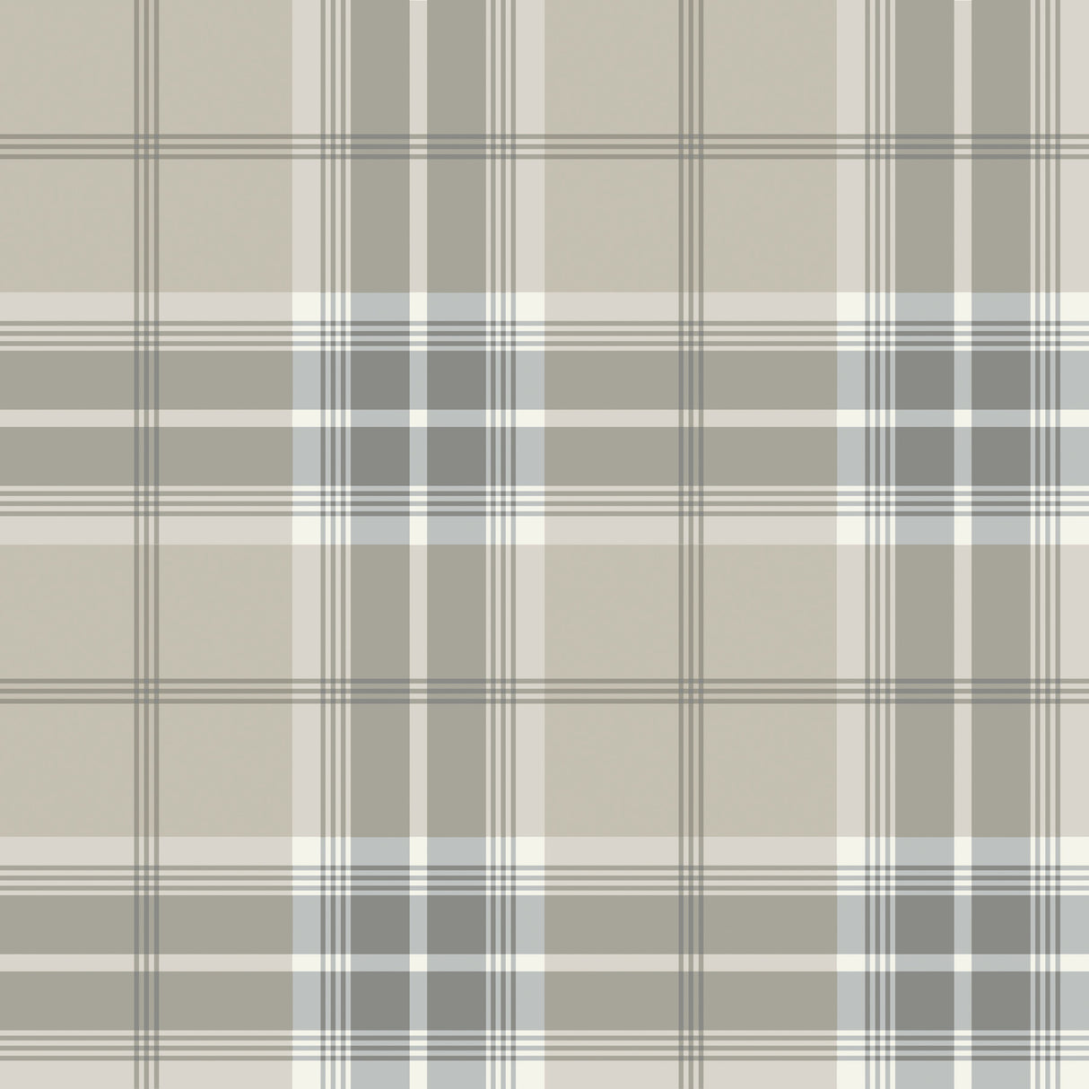 Emma Grey Plaid Wallpaper by A-Street Prints featuring a traditional tartan design in grey and taupe with steel blue accents
