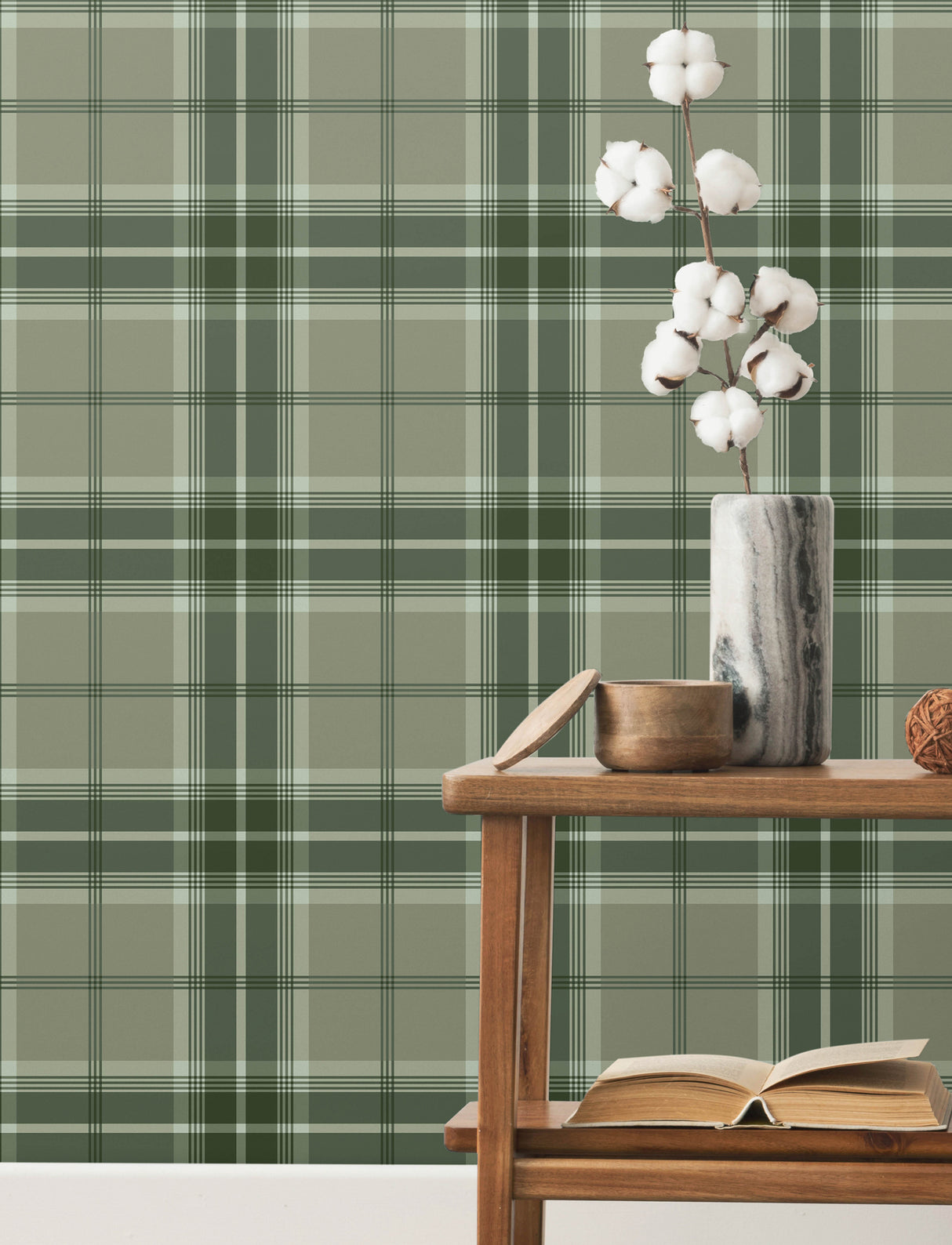 Emma Evergreen Plaid Wallpaper in Rich Green, Taupe and White by A-Street Prints Traditional Tartan Non Woven Unpasted Sidewall - 4201-20131