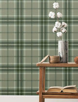 Emma Evergreen Plaid Wallpaper in Rich Green, Taupe and White by A-Street Prints Traditional Tartan Non Woven Unpasted Sidewall - 4201-20131