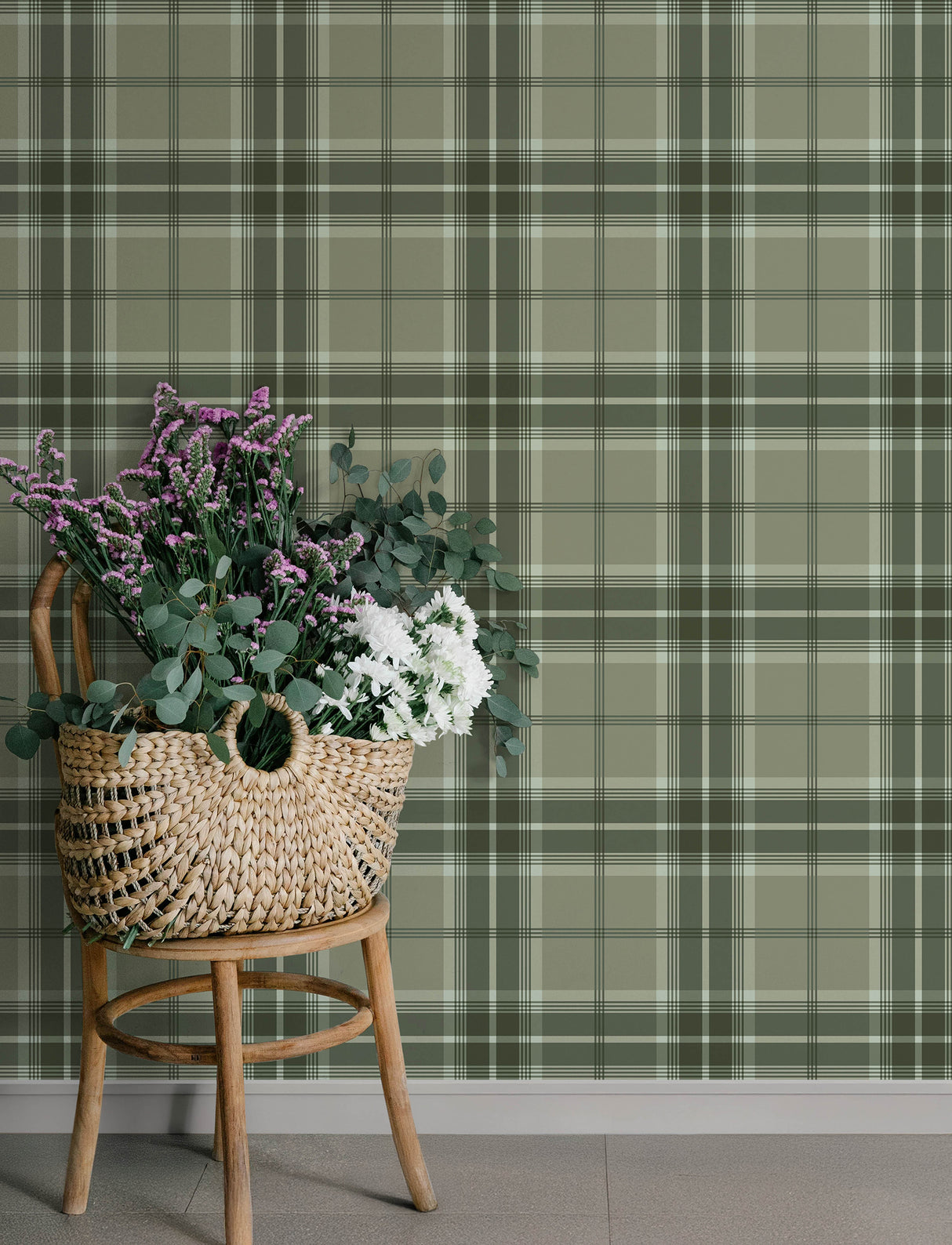 Emma Evergreen Plaid Wallpaper in Rich Green, Taupe and White by A-Street Prints Traditional Tartan Non Woven Unpasted Sidewall - 4201-20131