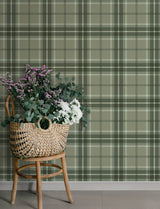 Emma Evergreen Plaid Wallpaper in Rich Green, Taupe and White by A-Street Prints Traditional Tartan Non Woven Unpasted Sidewall - 4201-20131
