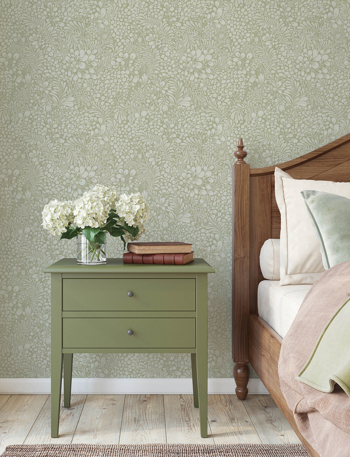 Siv Sage Botanical Wallpaper by A-Street Prints Scandinavian Twisting Leaves and Wildflowers Unpasted Non Woven Strippable Wallpaper - 4201-48003