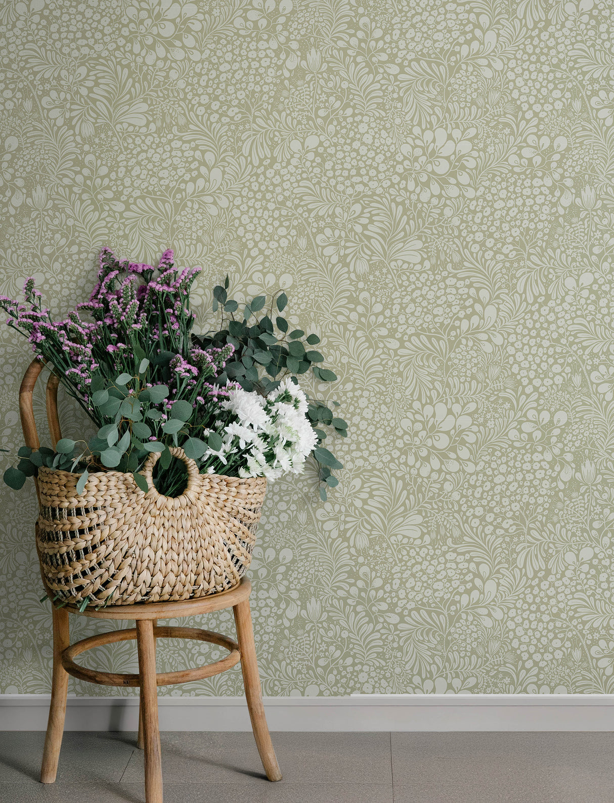 Siv Sage Botanical Wallpaper by A-Street Prints Scandinavian Twisting Leaves and Wildflowers Unpasted Non Woven Strippable Wallpaper - 4201-48003