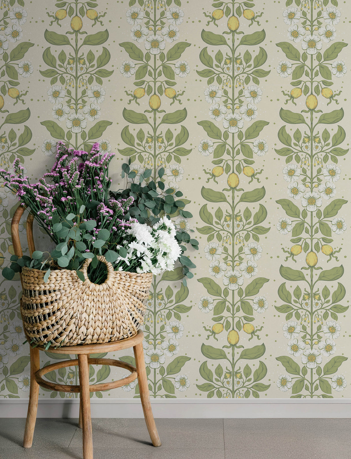 Rosa Green Floral Columns Unpasted Non Woven Wallpaper, Botanical Farmhouse Floral Design in Sage Green and Cream by A-Street Prints 4201-48010