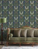 Rosa Navy Floral Columns Wallpaper by A-Street Prints Farmhouse Botanical Non Woven Unpasted 20.9 in x 33 ft Wallpaper Roll - 4201-48013