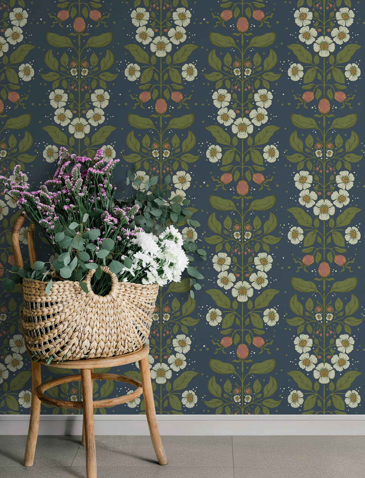 Rosa Navy Floral Columns Wallpaper by A-Street Prints Farmhouse Botanical Non Woven Unpasted 20.9 in x 33 ft Wallpaper Roll - 4201-48013