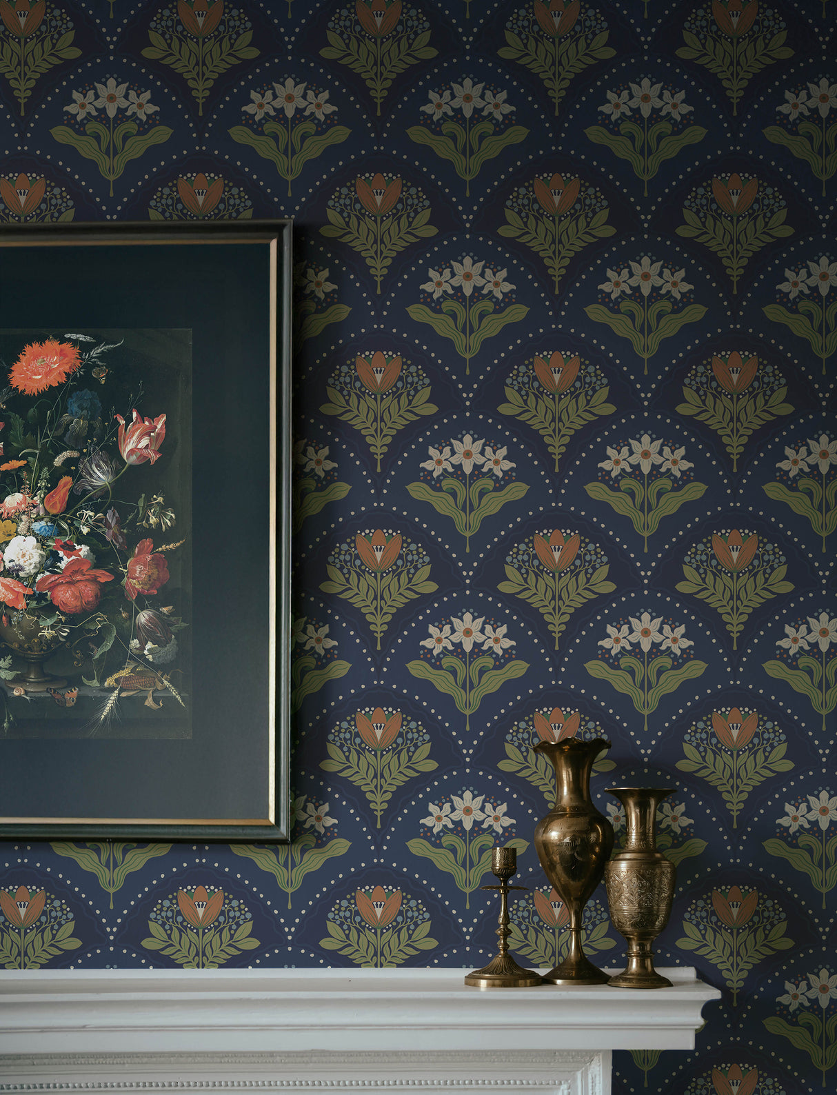 Maj Navy Floral Damask Wallpaper by A-Street Prints Scandinavian Botanical Stylized Tulip and Daffodil Non Woven Strippable Wallpaper - 4201-48018