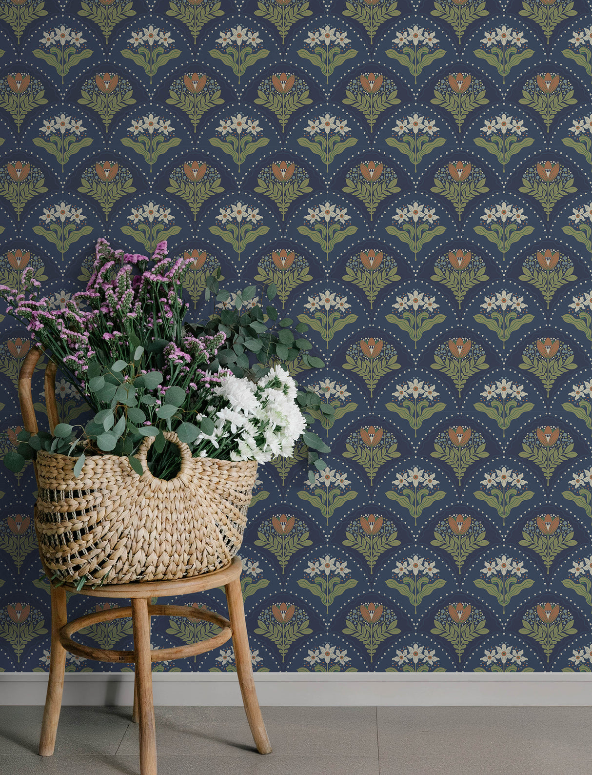 Maj Navy Floral Damask Wallpaper by A-Street Prints Scandinavian Botanical Stylized Tulip and Daffodil Non Woven Strippable Wallpaper - 4201-48018