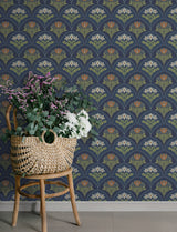Maj Navy Floral Damask Wallpaper by A-Street Prints Scandinavian Botanical Stylized Tulip and Daffodil Non Woven Strippable Wallpaper - 4201-48018
