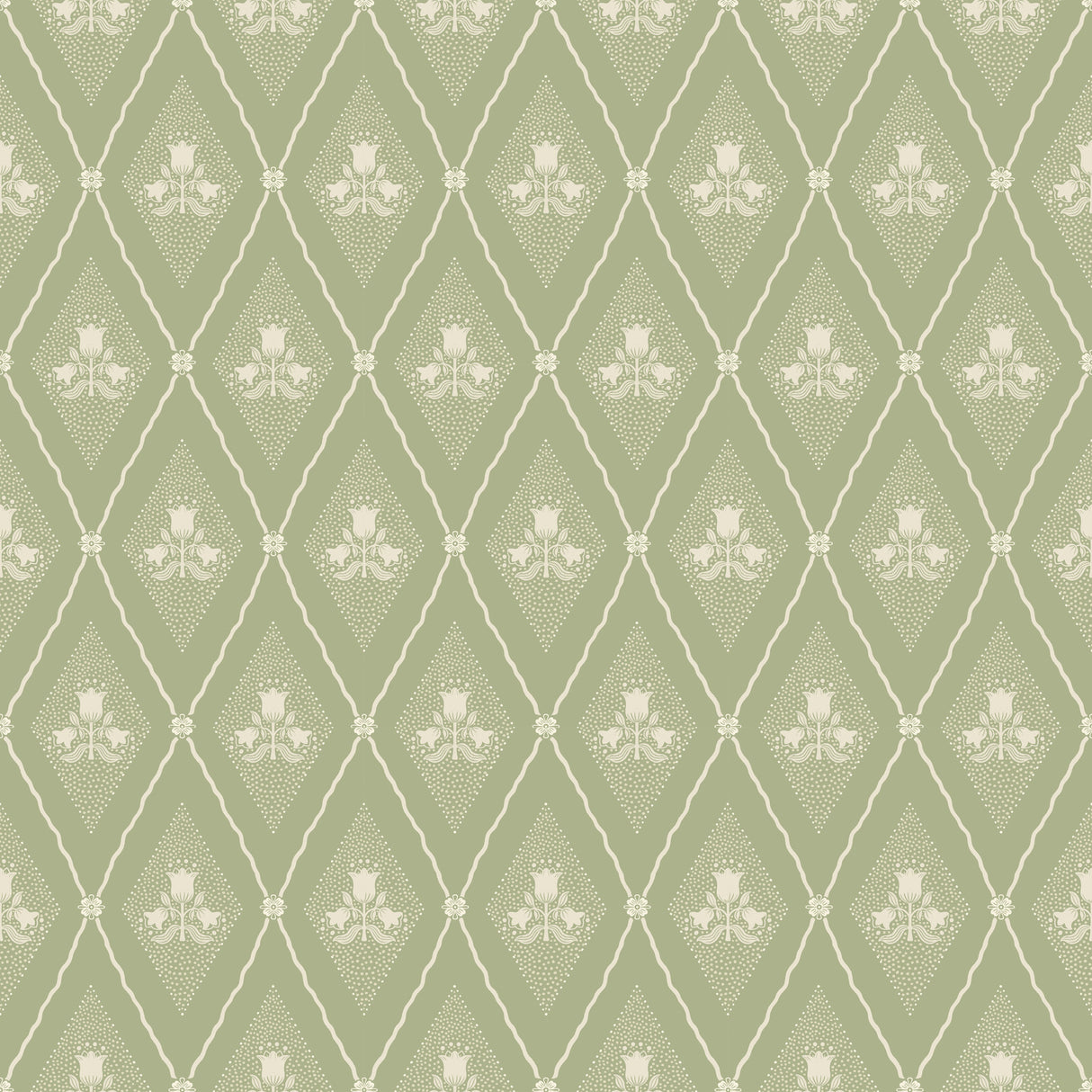 Alma Moss Diamond Floral Wallpaper featuring tulip bouquets centered within dotted diamond frames on a sage moss green background with cream accents