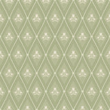 Alma Moss Diamond Floral Wallpaper featuring tulip bouquets centered within dotted diamond frames on a sage moss green background with cream accents