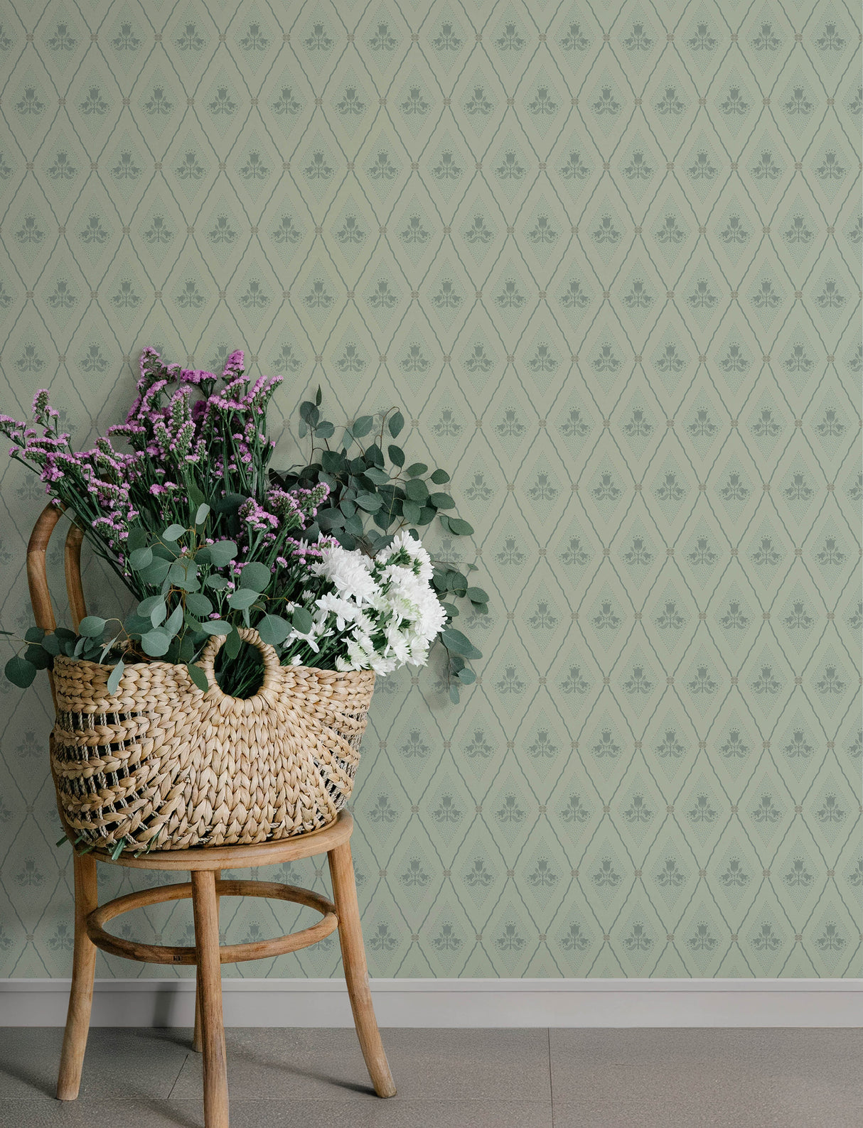 Alma Mint Diamond Floral Wallpaper by A-Street Prints Farmhouse Botanical Tulip Trellis Unpasted Non Woven Metallic - 4201-48031