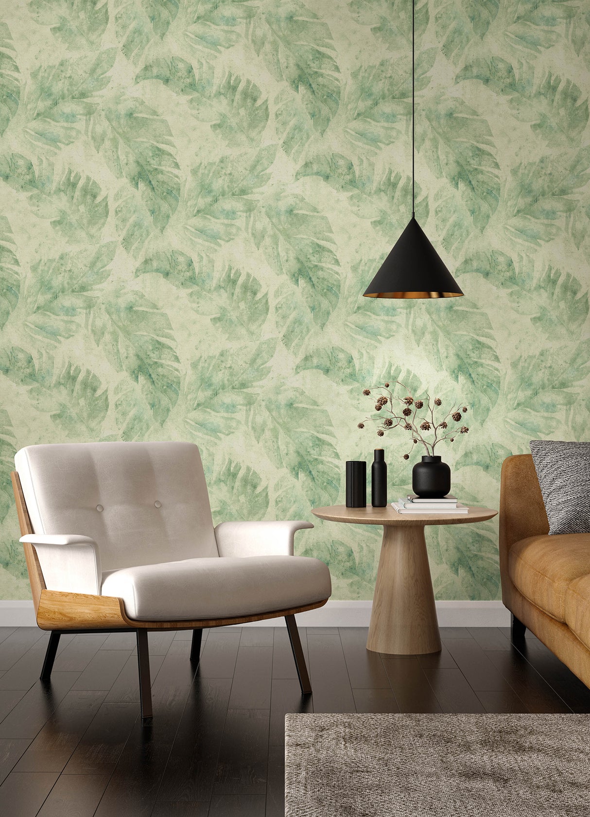 Sanne Green Palm in Green by A-Street Prints Tropical Watercolor Botanical Large Palm Leaf Unpasted Vinyl Non-Woven Wallpaper - 4202-416121
