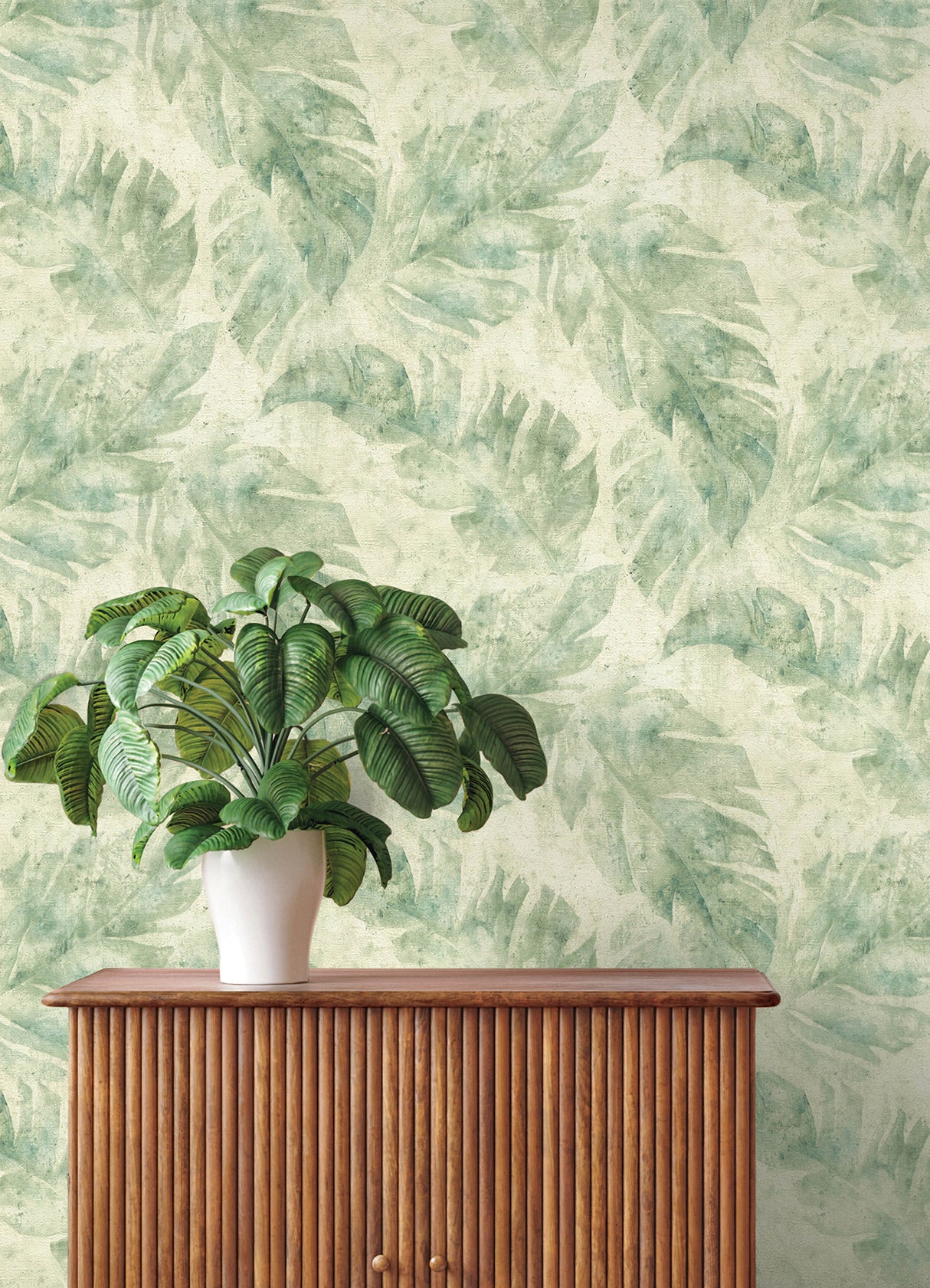 Sanne Green Palm in Green by A-Street Prints Tropical Watercolor Botanical Large Palm Leaf Unpasted Vinyl Non-Woven Wallpaper - 4202-416121
