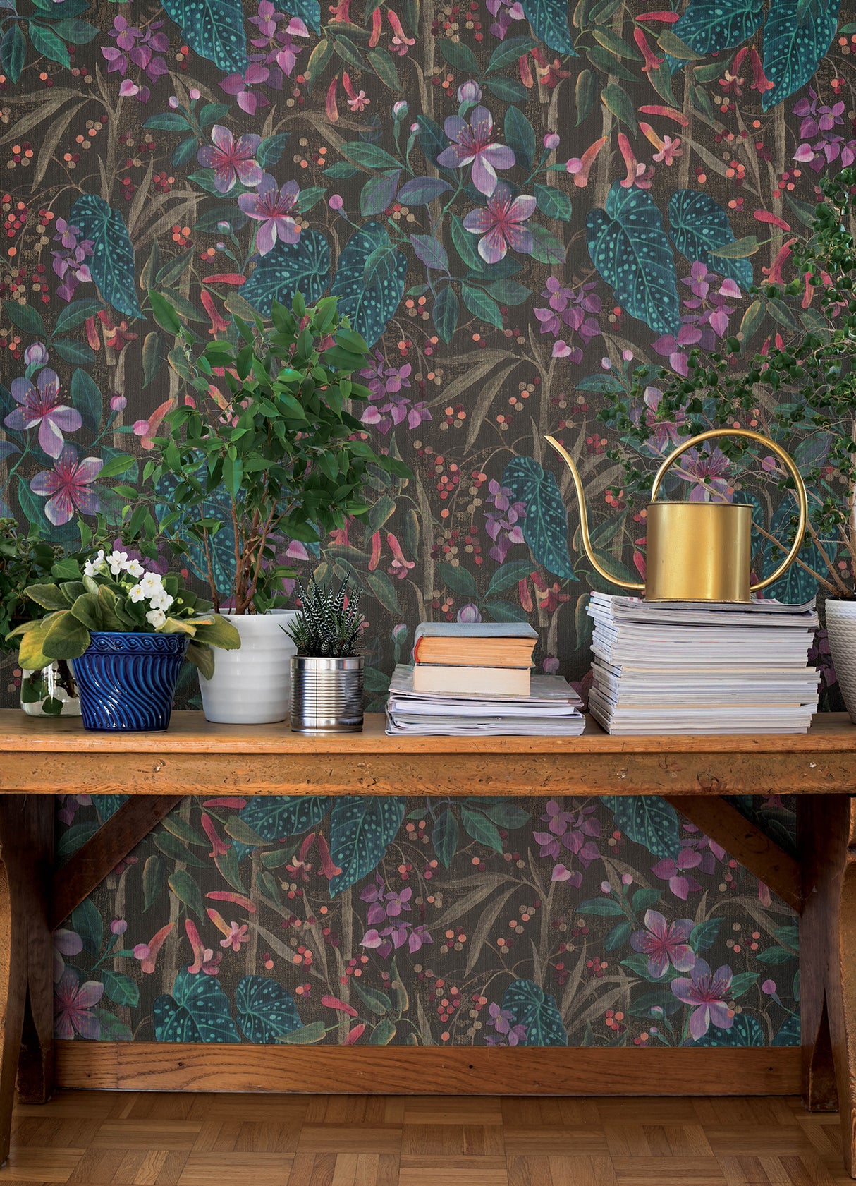 Kalina Black Botanical Floral and Berries Tropical Vinyl Non-Woven Strippable Wallpaper by A-Street Prints Springhill - 4202-538236