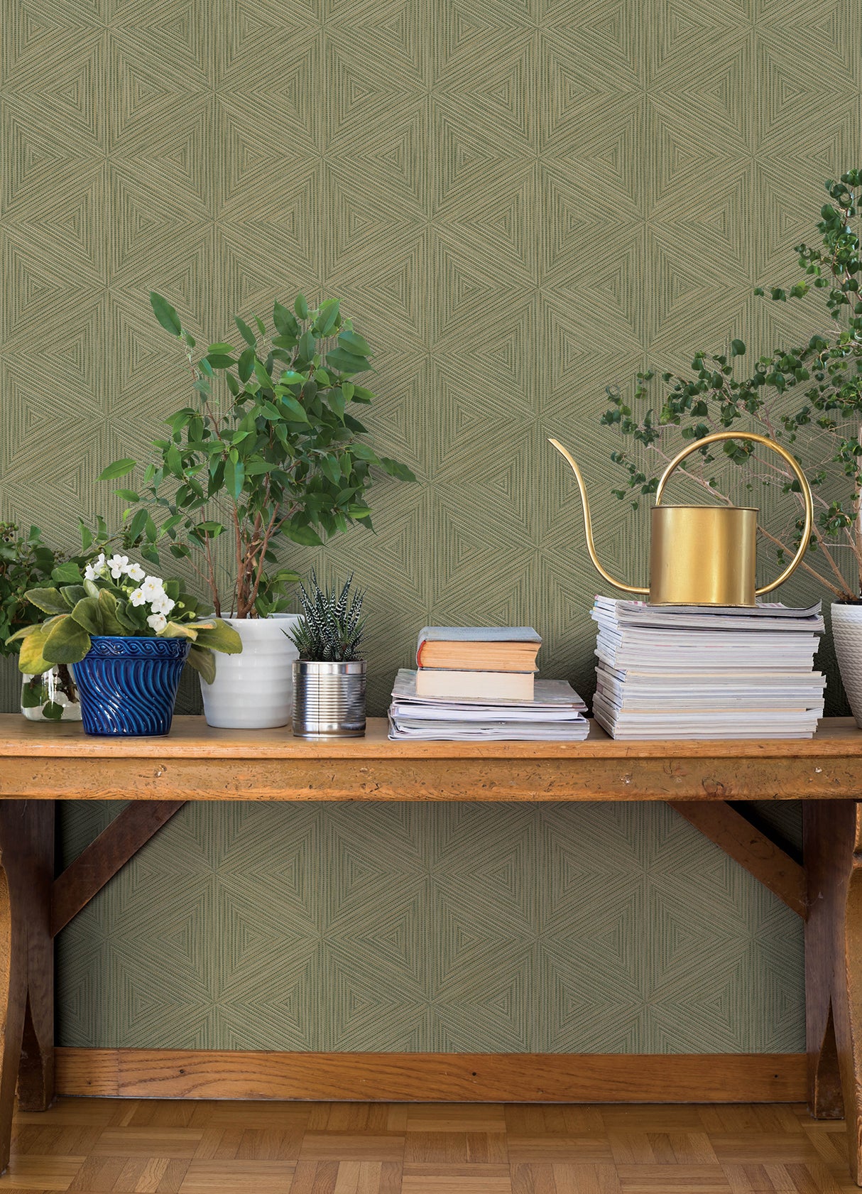 Anara Green Geo Faux Grasscloth Wallpaper by A-Street Prints Modern Geometric Vinyl on Non Woven Backing Sidewall Springhill - 4202-571288