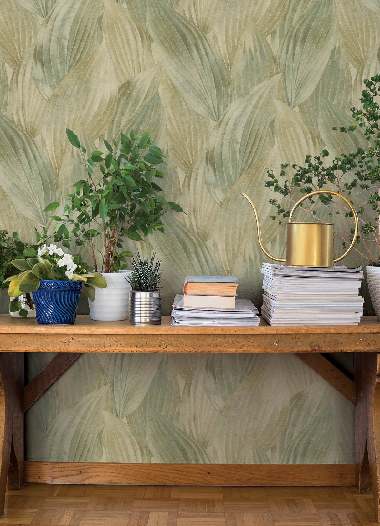 Melora Green and Cream Layered Leaf by A-Street Prints Modern Botanical Unpasted Vinyl Wallpaper Springhill Collection - 4202-571547