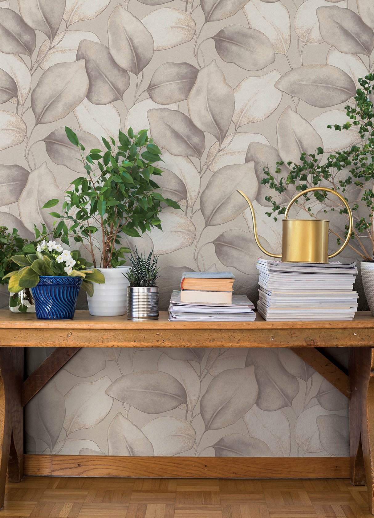 Evanthe Grey Vine Wallpaper by A-Street Prints Modern Oversized Botanical Metallic Grey and Ivory Leaf Design on Non Woven Backing - 4202-659856