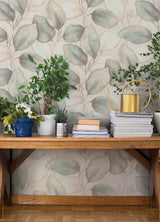 Evanthe Aqua Vine Leaf Oversized Botanical Metallic Pearl Modern Strippable Non Woven Unpasted Wallpaper by A-Street Prints - 4202-659863