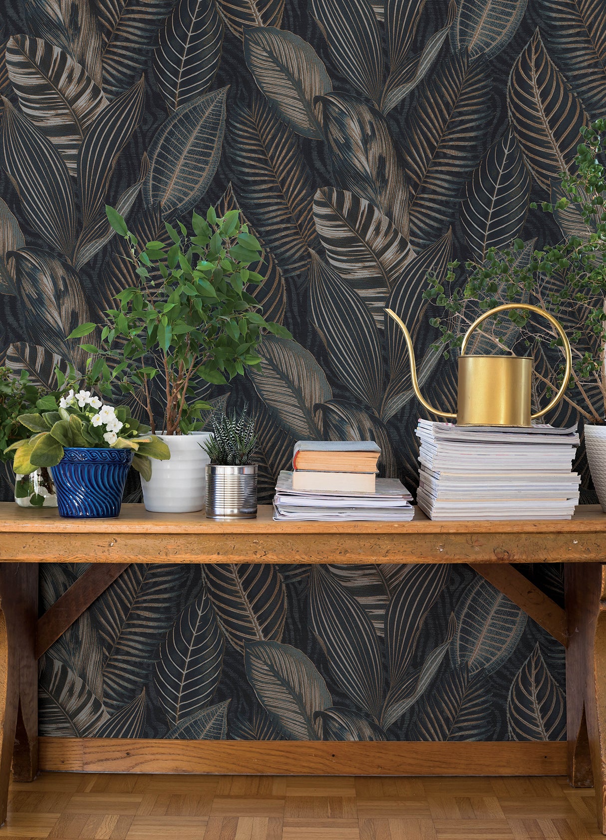 Acacius Dark Blue Tropical Foliage Metallic Vinyl Wallpaper by A-Street Prints Springhill Collection - 4202-751840
