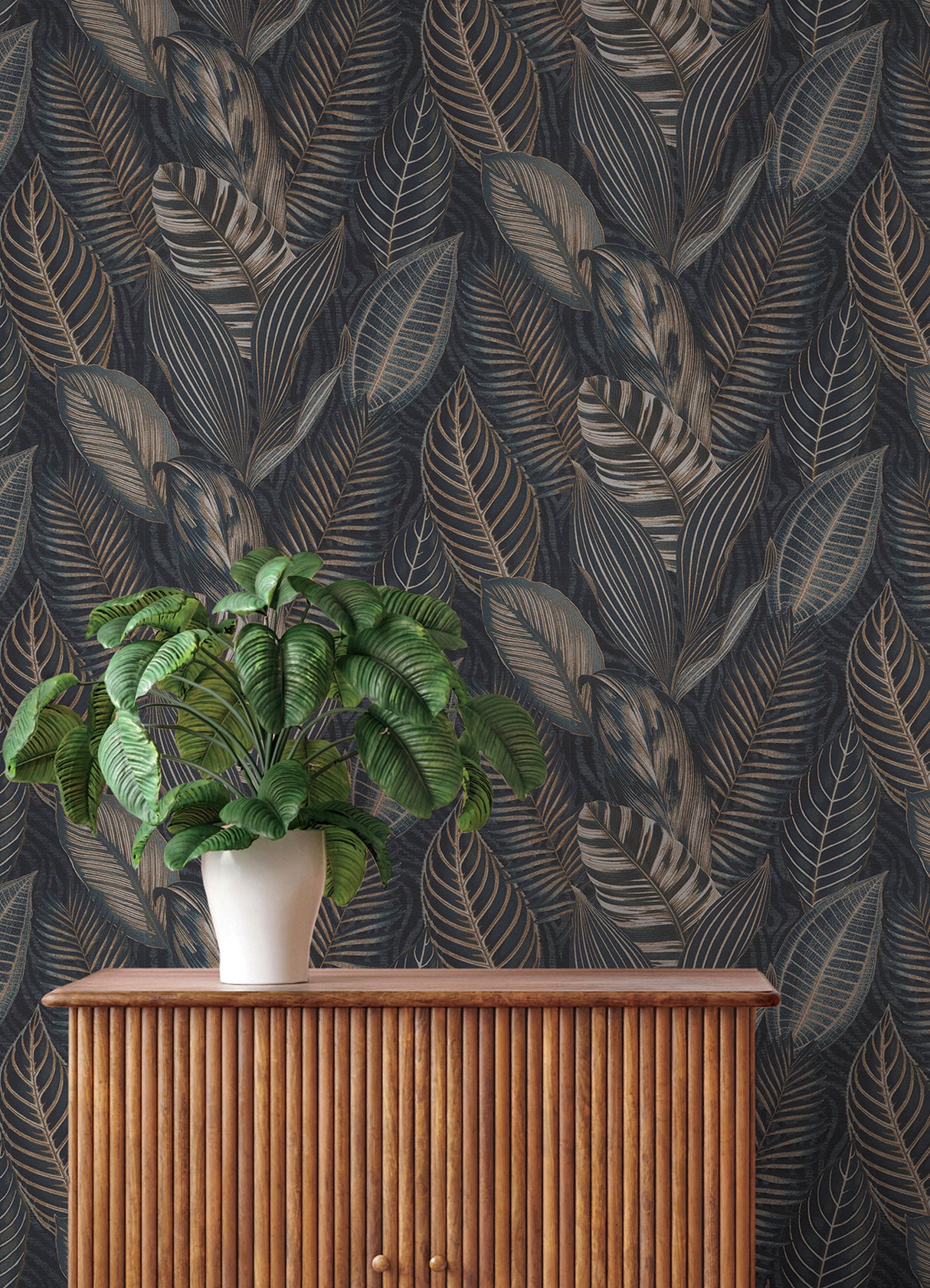 Acacius Dark Blue Tropical Foliage Metallic Vinyl Wallpaper by A-Street Prints Springhill Collection - 4202-751840