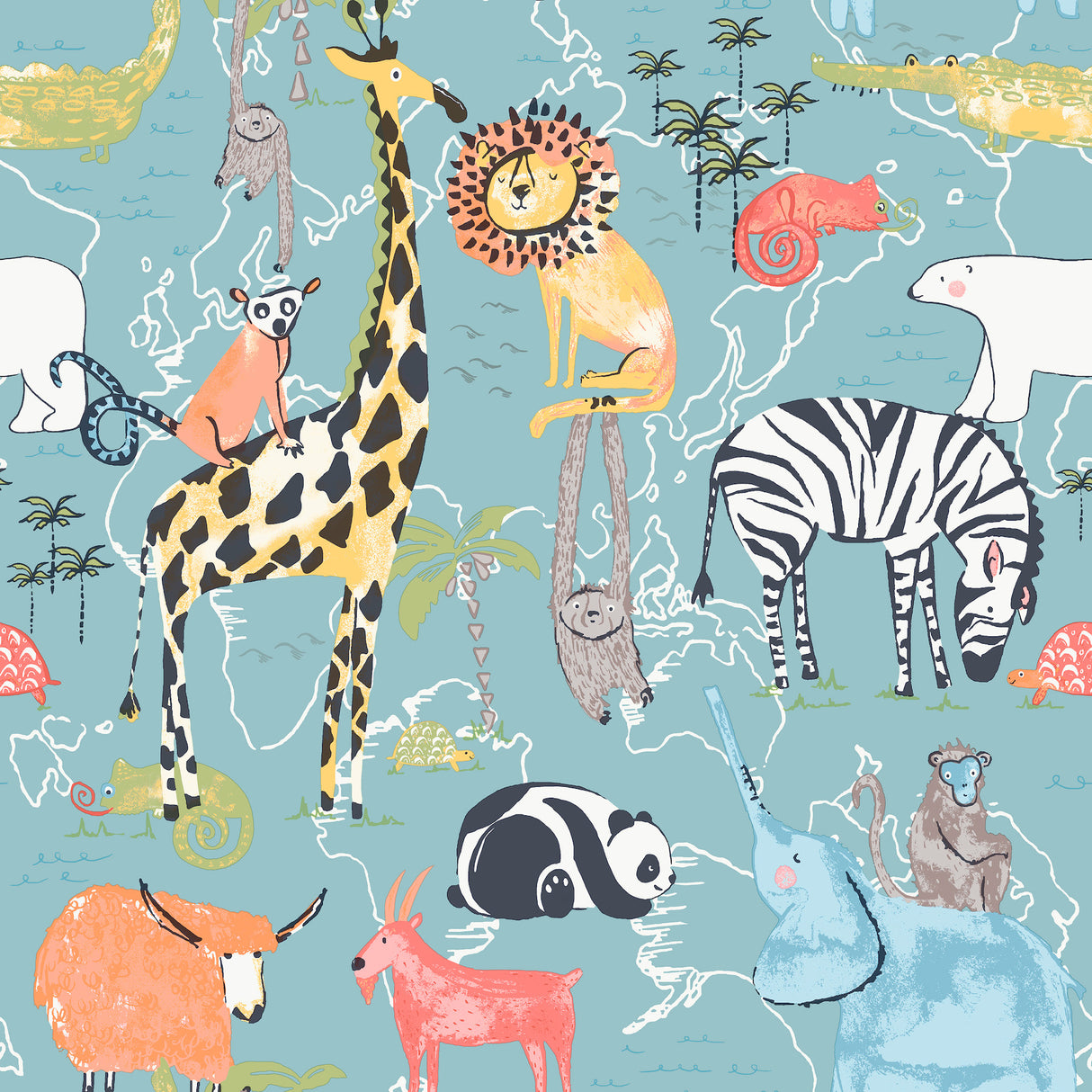 Safari Animals Blue Jungle Friends wallpaper with illustrated jungle animals on teal background