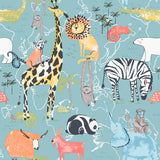 Safari Animals Blue Jungle Friends wallpaper with illustrated jungle animals on teal background