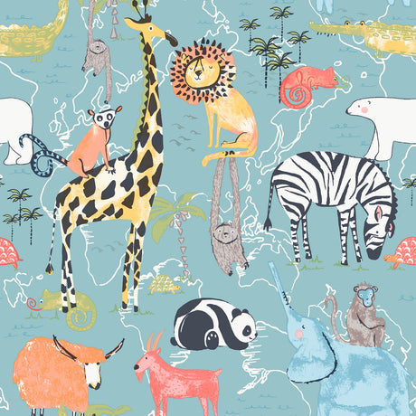 Safari Animals Blue Jungle Friends wallpaper with illustrated jungle animals on teal background
