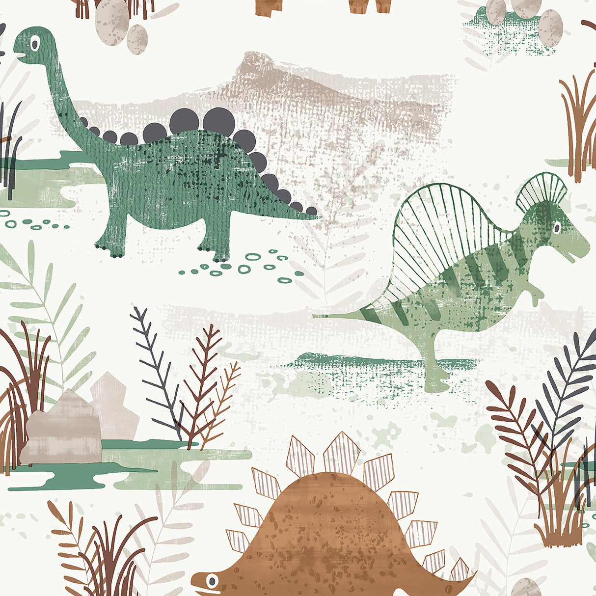 Prehistoric Dino Green Whimsical Wallpaper roll and pattern