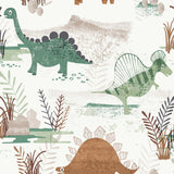 Prehistoric Dino Green Whimsical Wallpaper roll and pattern