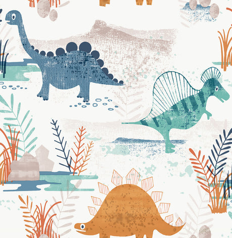 Prehistoric Dino Orange Whimsical Wallpaper pattern with dinosaurs