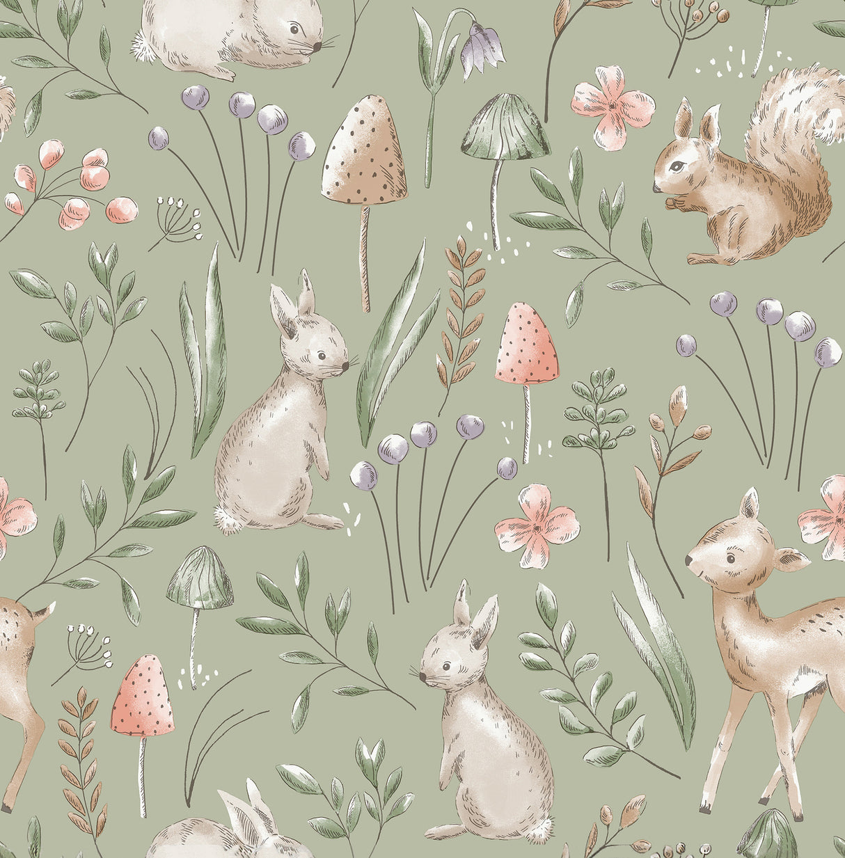 Forest Animals Sage Whimsical Wallpaper roll by Advantage