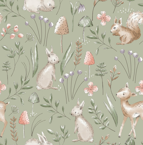 Forest Animals Sage Whimsical Wallpaper roll by Advantage