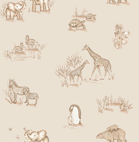 Advantage Safari Babies beige animal wallpaper roll with parent-and-baby safari animals, 20.5 in x 33 ft