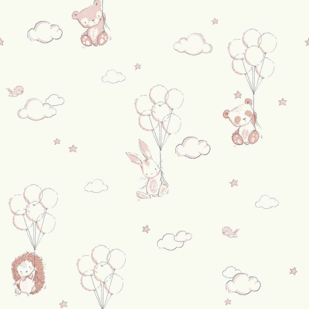 Advantage Floating Balloons Pink Animal Wallpaper roll and pattern with bears, bunnies, and hedgehogs