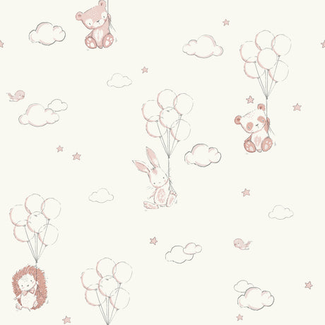 Advantage Floating Balloons Pink Animal Wallpaper roll and pattern with bears, bunnies, and hedgehogs
