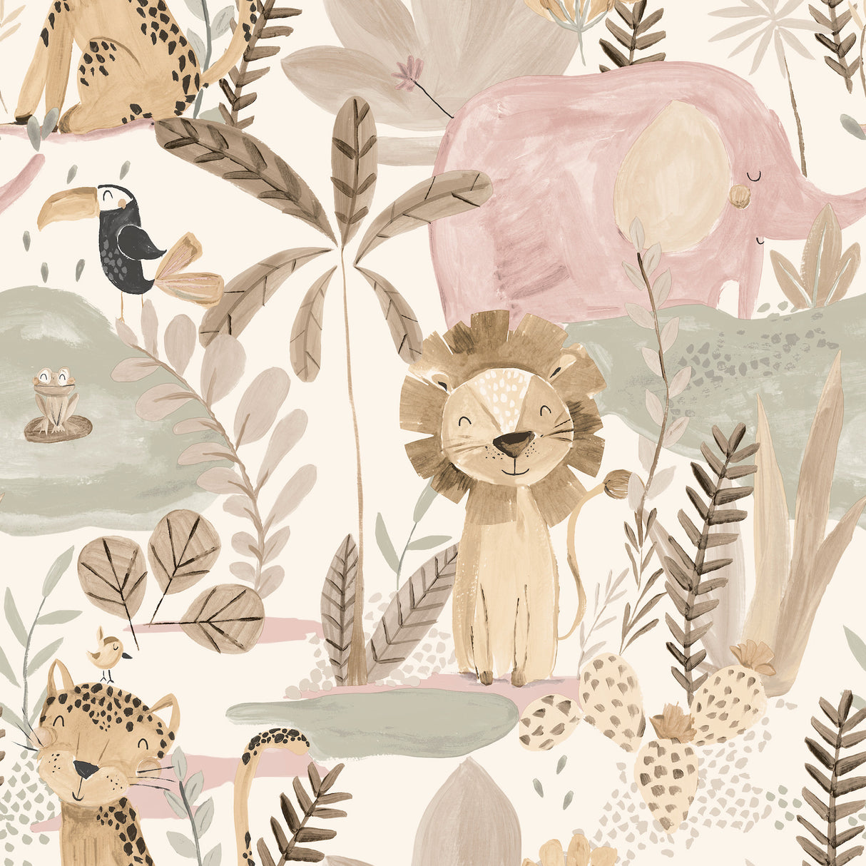 Advantage In The Jungle Pink Animal Friends Wallpaper roll showing painted jungle animals in soft pink and neutral tones